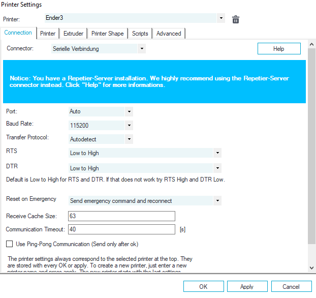 Repetier GUI: Connection Tab