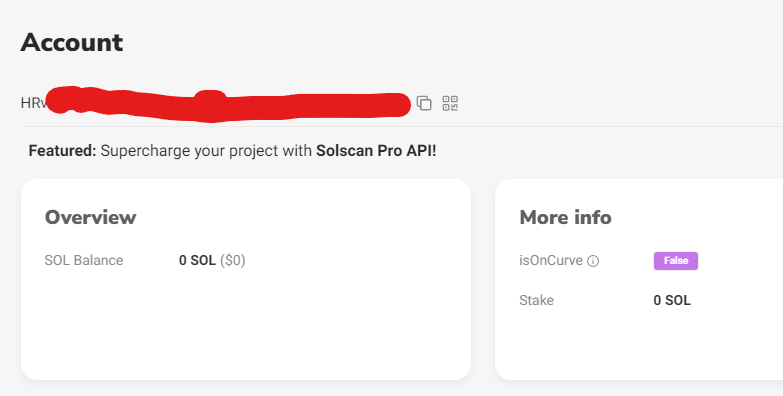 screenshot of an Account page in solscan.io with isOnCurve being false