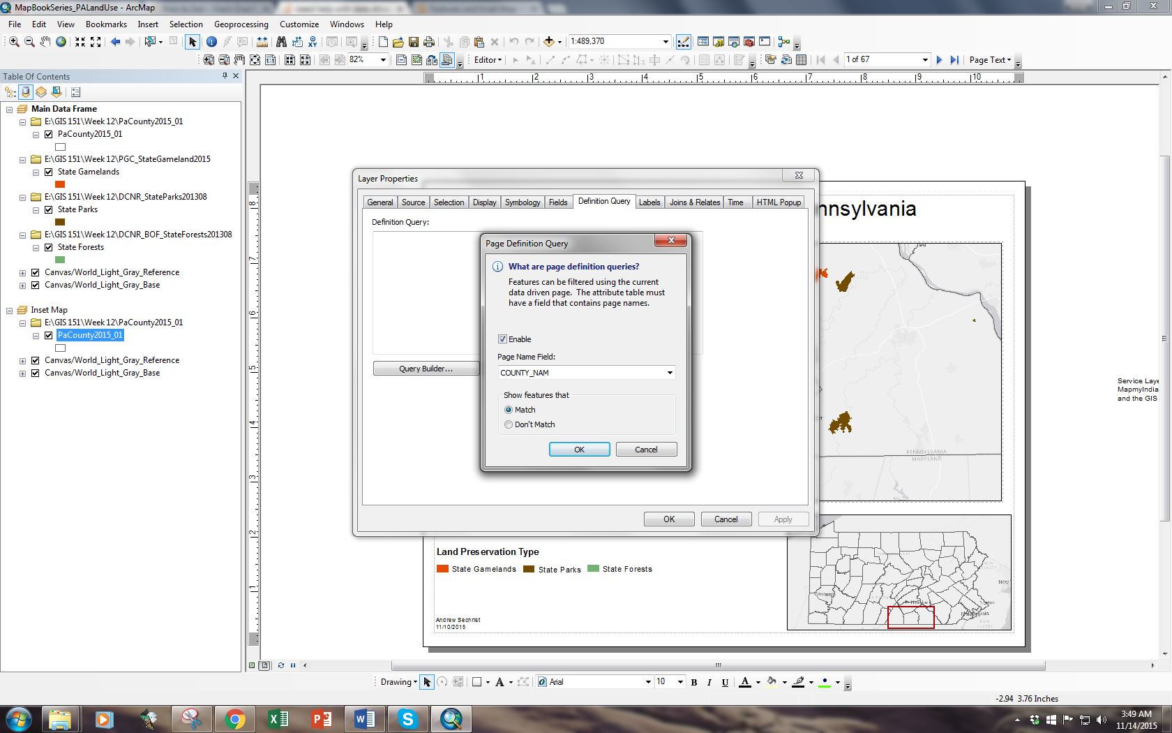 My arcmap data driven pages map for Adams County showing red highlighted border and page Definition Query completion