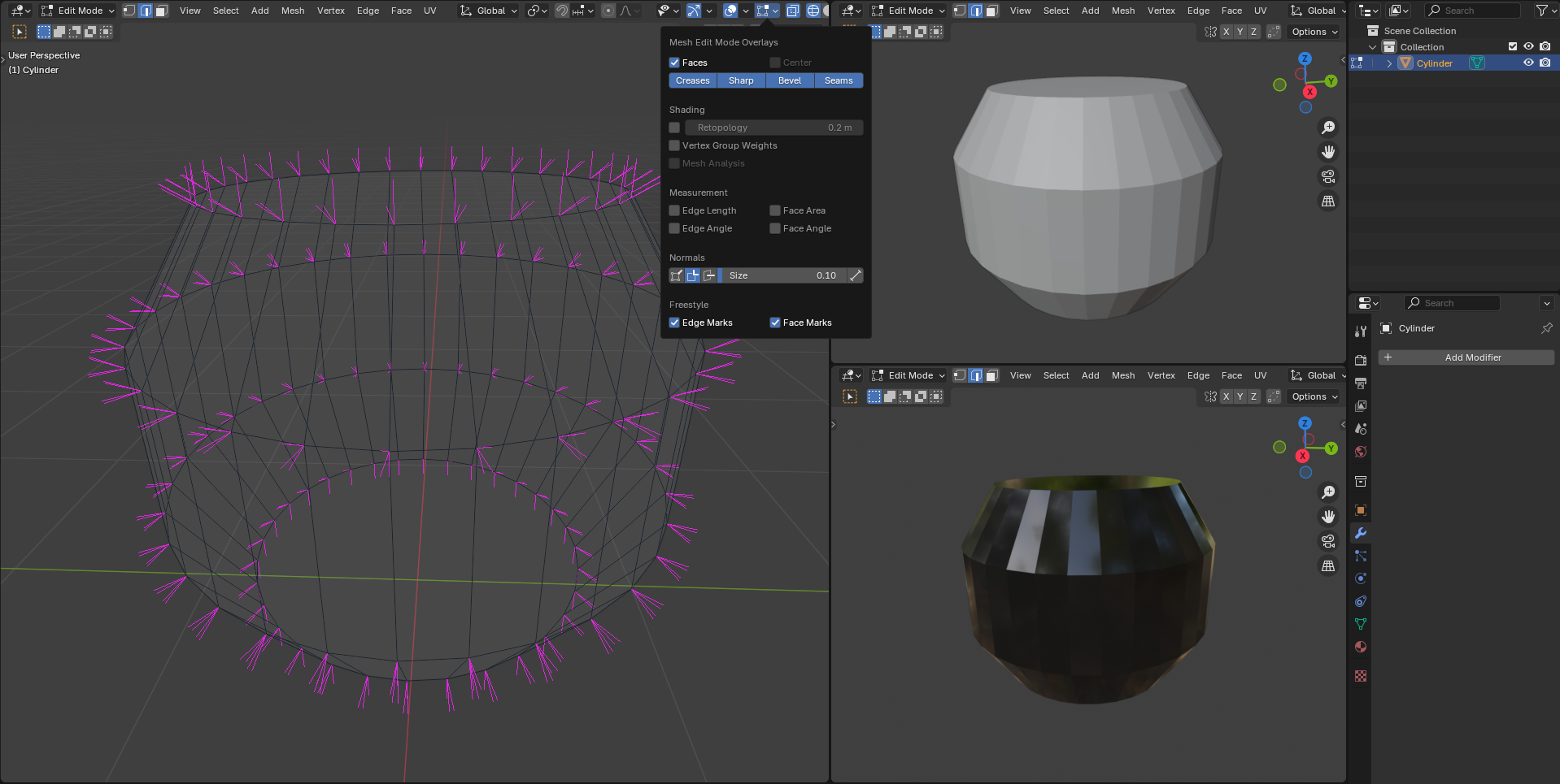 faces of a mesh with multiple normal lines at each vertex pointing in different directions; rendered with a shiny black surface, each face has a different reflection angle