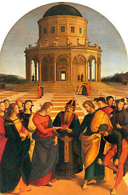 The image seen here is a painting by Raphael of the Marriage of the Virgin.