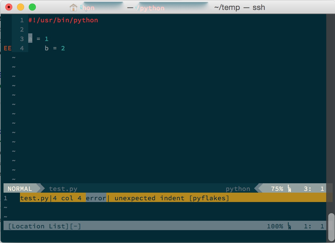 Terminal window showing vim with python-mode syntax error flags and line numbers