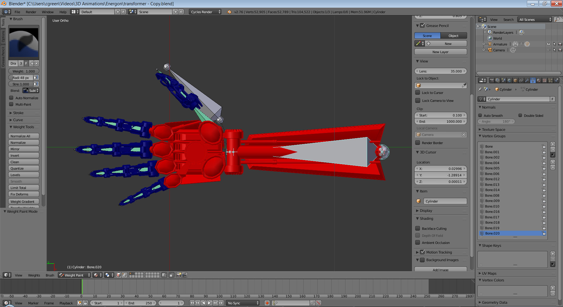 The weight paint area for the arm