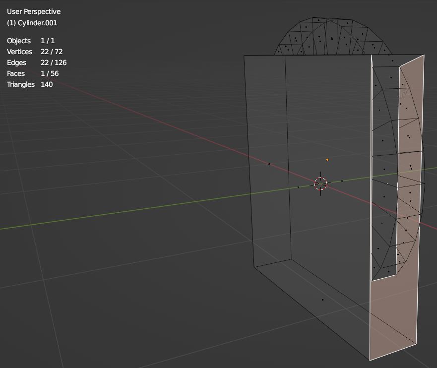 The cylinder/rectangular prism shape has a highlighted face where the cylinder protrudes from the object. 1 Object, 72 Vertices, 126 Edges, 1 of 56 Faces Selected, 140 Triangles