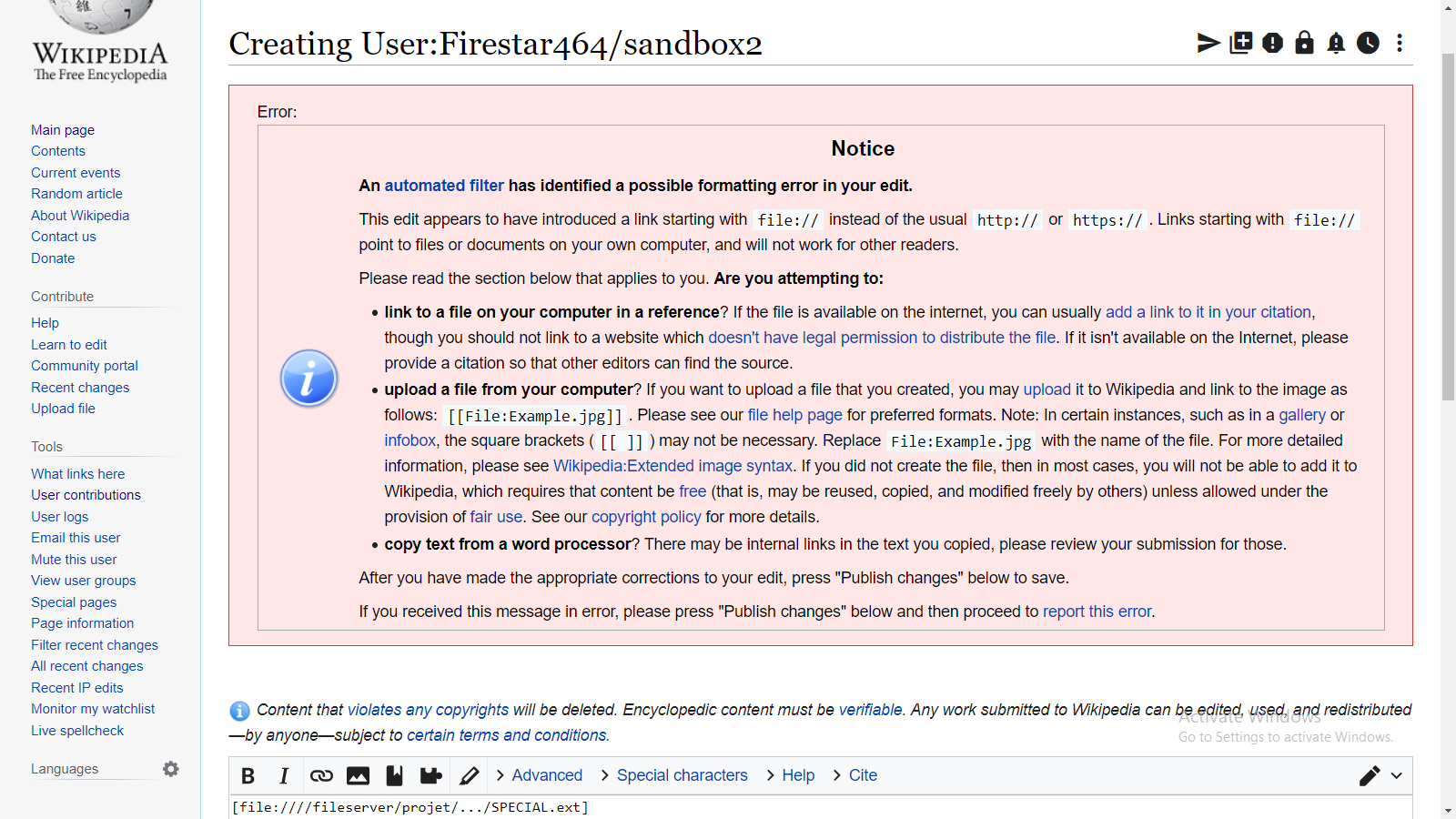Wikipedia sandbox error