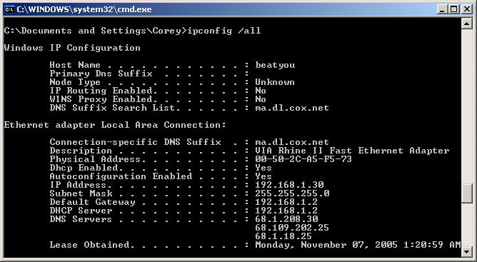 cmd.exe showing output of ipconfig /all