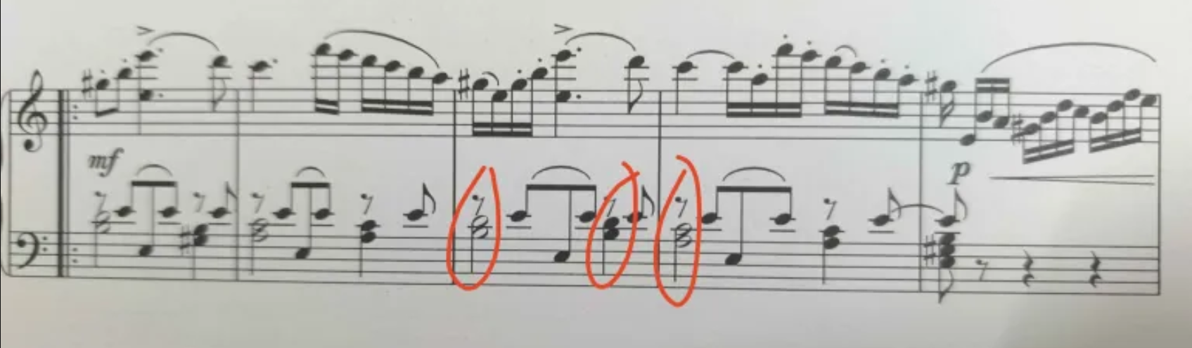 Minims and crotchets stem down, with quaver rests directly above the note heads.