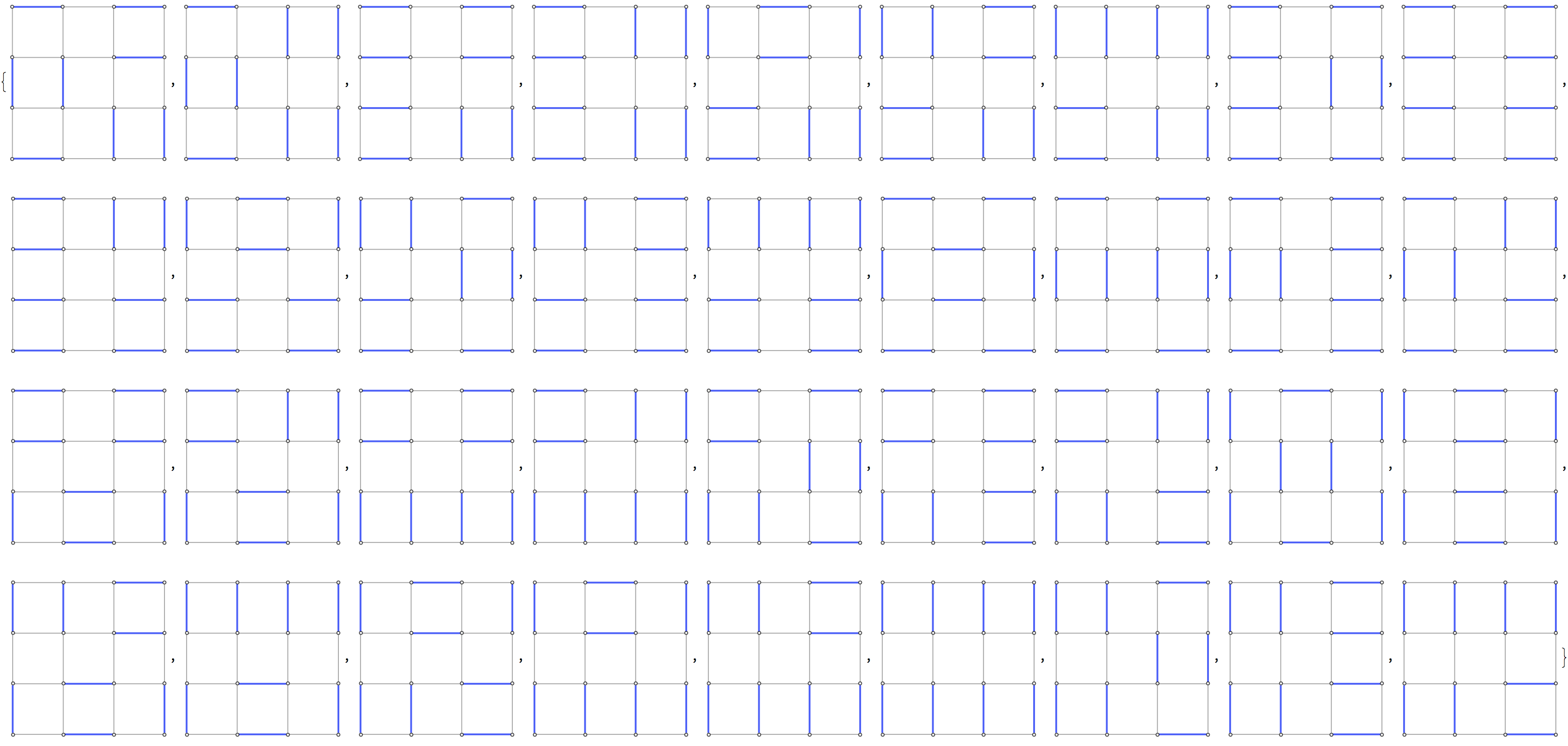 All perfect matchings of the vertices of the 4x4 square lattice.