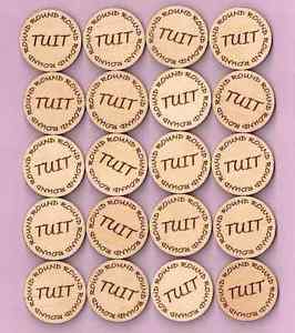 The image shows "round tuits." (Round Tuit a word play on "I'll do it when I get around to it") 