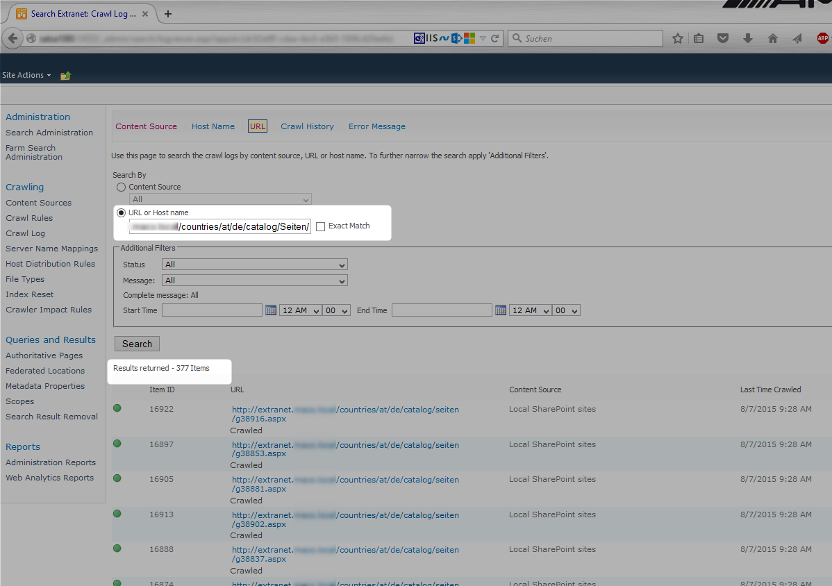 Central Administration - Search Log 377 Items on Search per URL