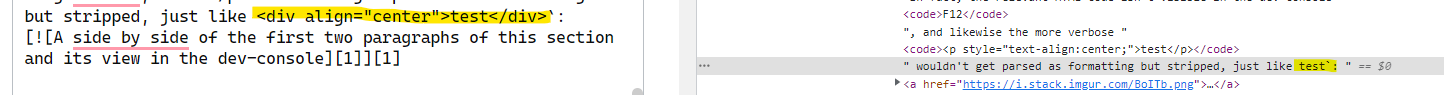 A side-by-side of the edit window of the above text and the dev-console parsing, highlighting the DIV portion and the parsed output when removing the {code}format.