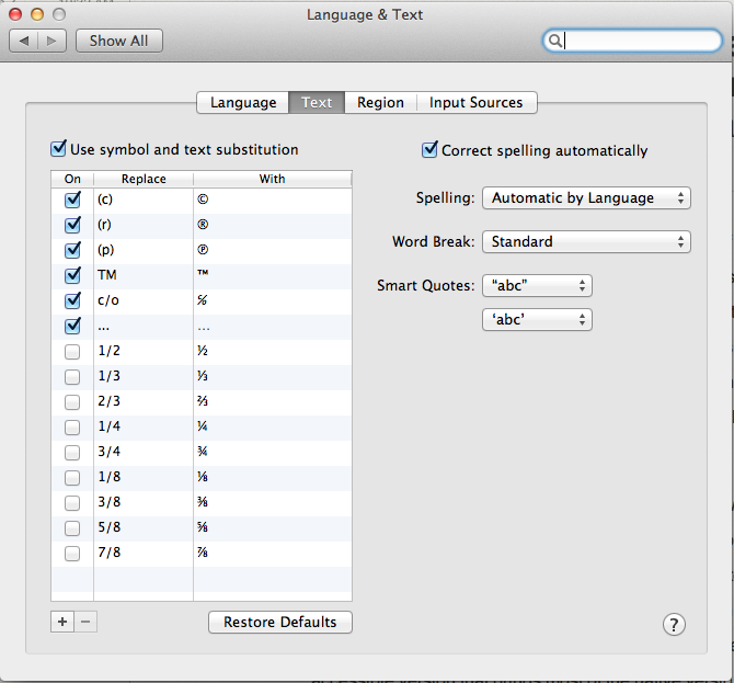 Screenshot of System Preferences, Language and Text