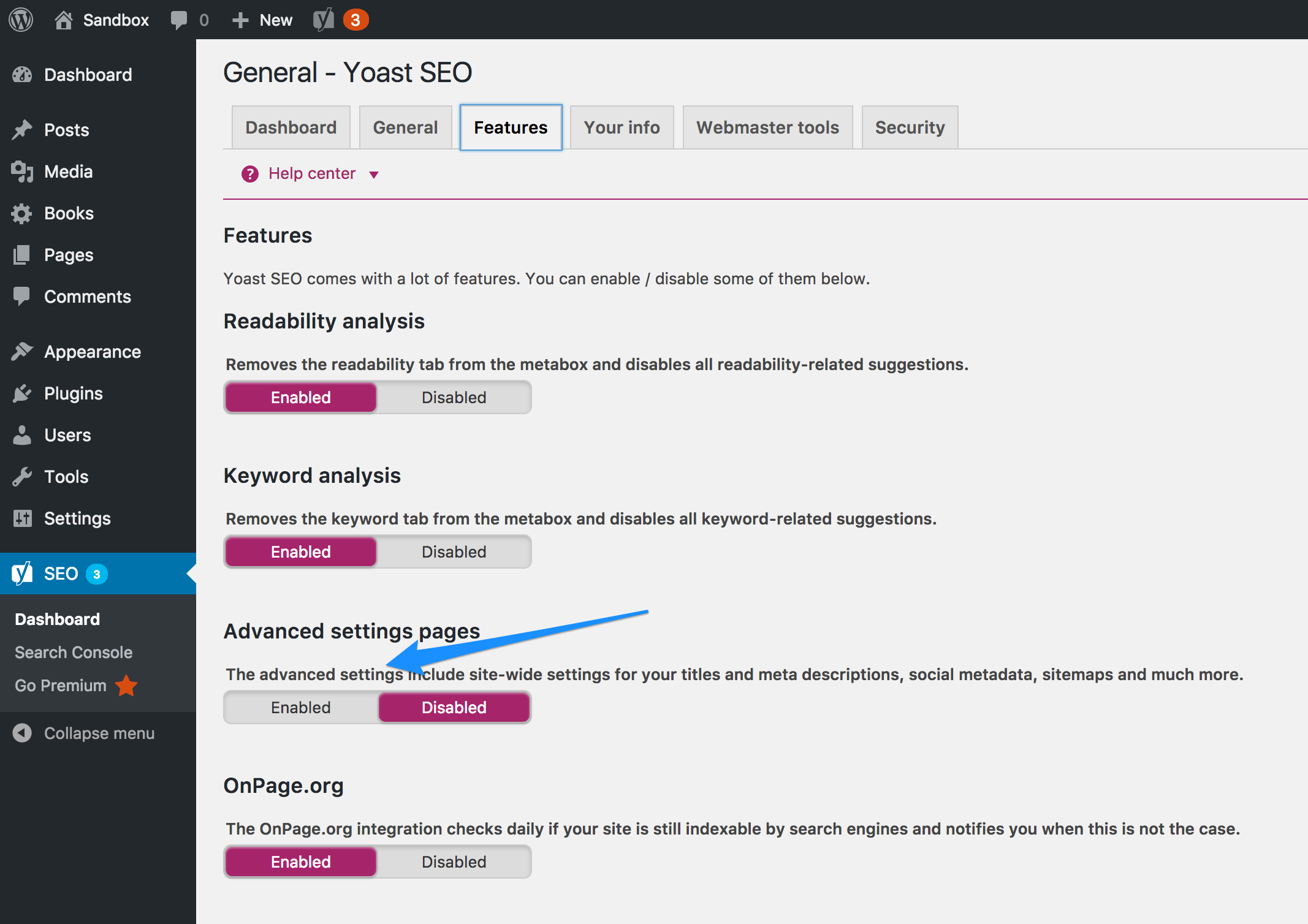 Yoast - turn on Advanced Settings