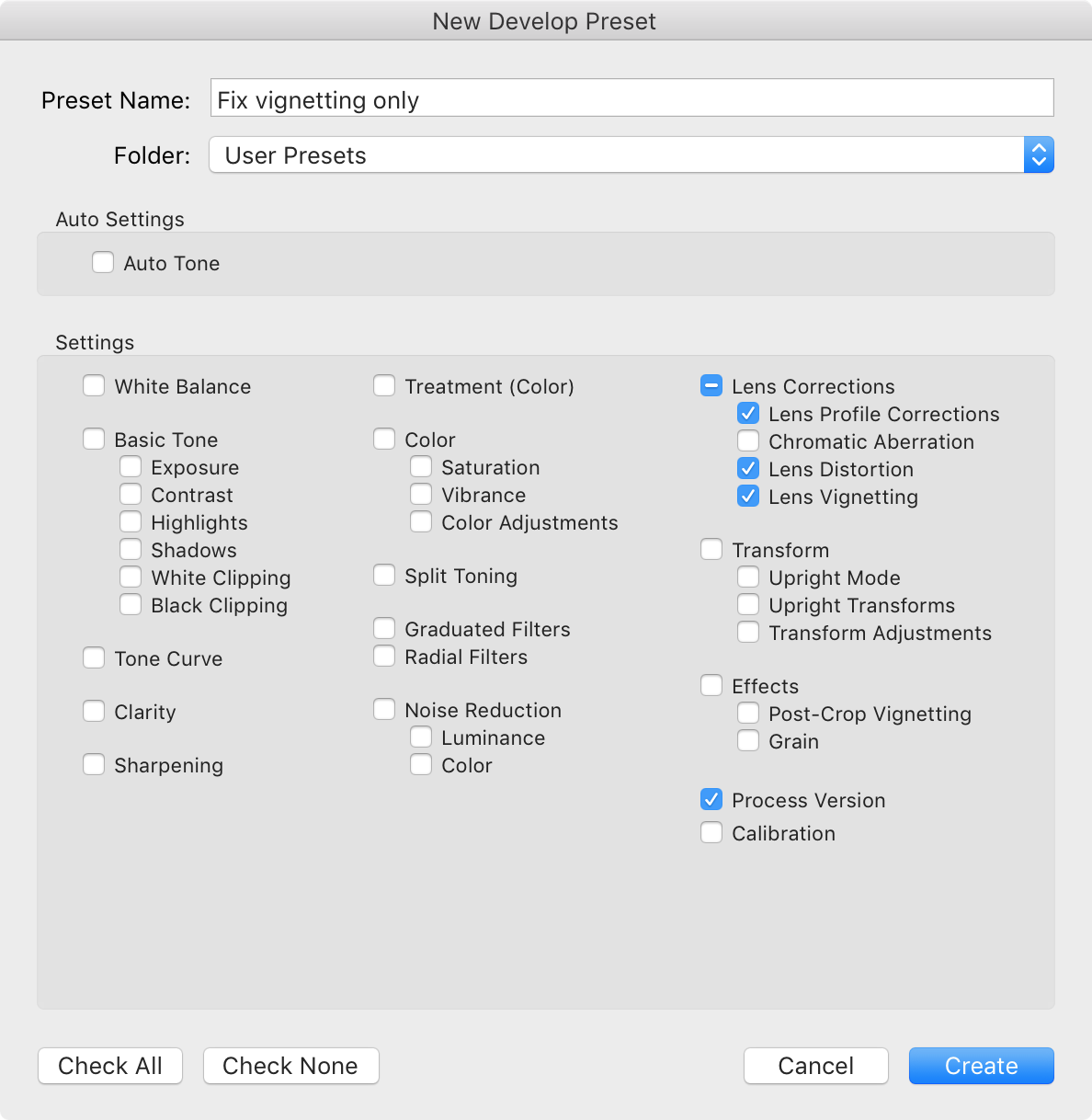 Lightroom’s “New Develop Preset” dialog, showing that the “Lens Distortion” and “Lens Vignetting” checkboxes have been checked.