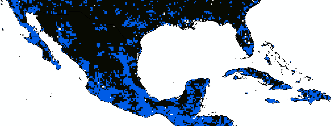 protected areas = 1 (blue), not protected = 0 (black)