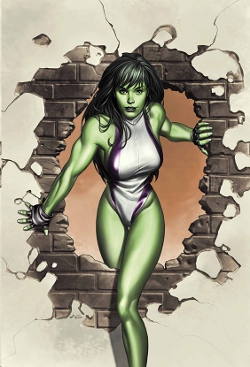 She-Hulk wearing a white one piece bursts through a white wall revealing the brick under the plaster