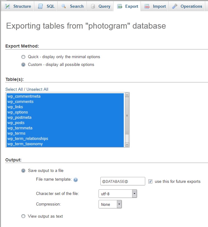 Exporting WordPress database