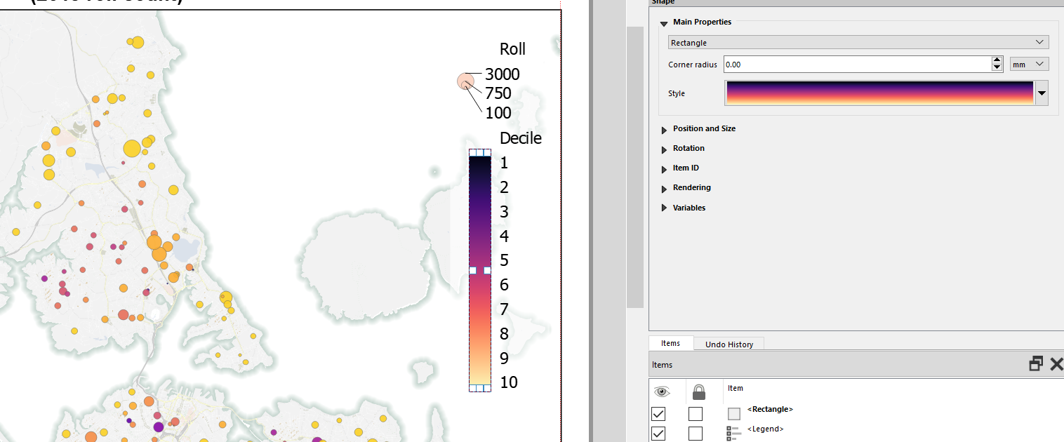 Screencap of QGIS Print Composer showing a gradient-filled rectangle overlaid over legend