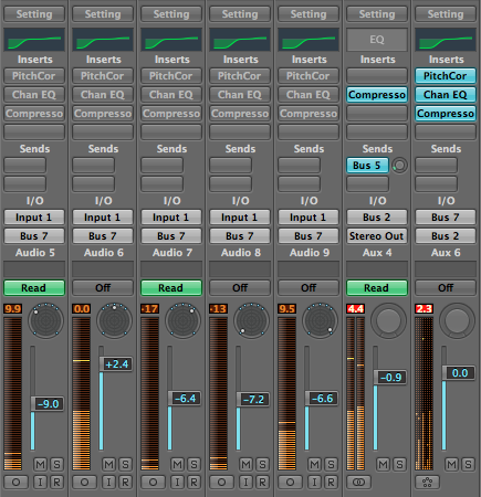 Five channels routed to a 7-channel surround aux with multi-mono effects