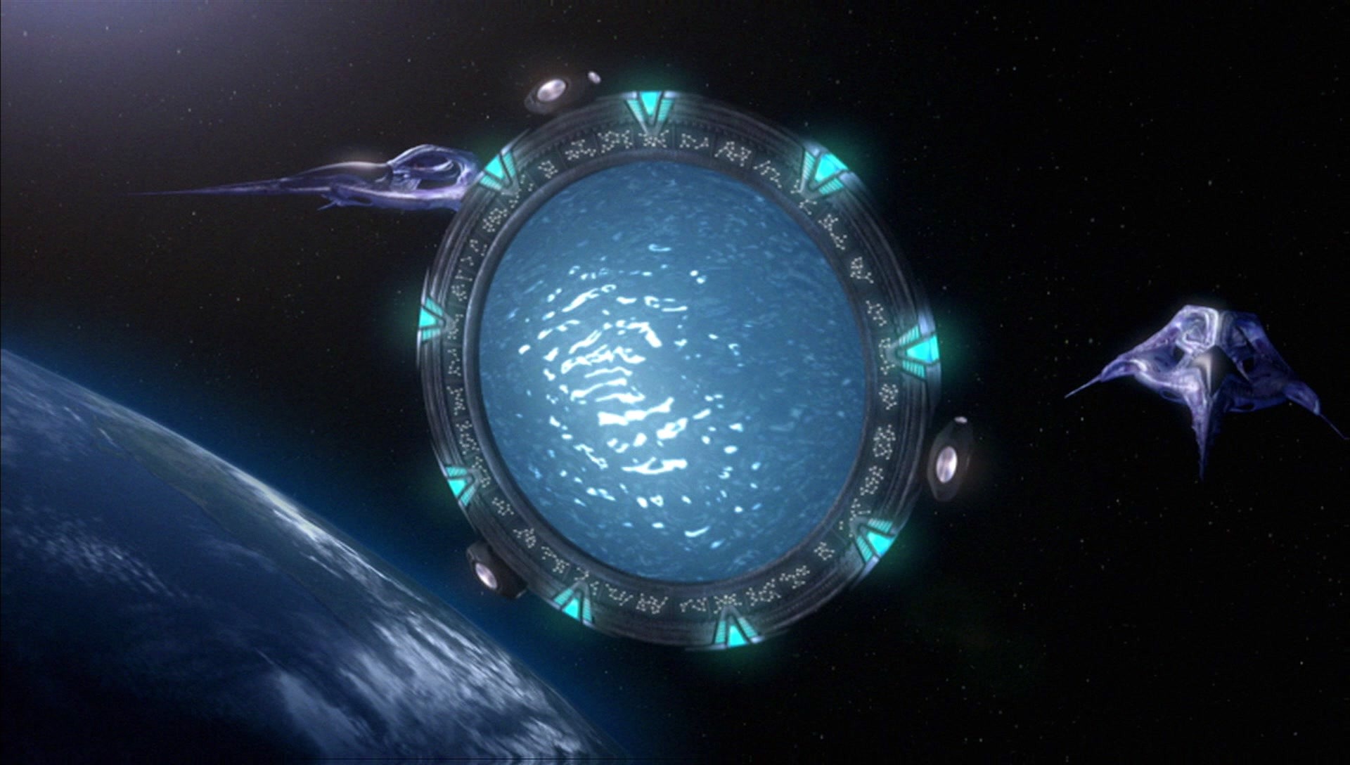 Wraith darts guarding a Stargate in orbit