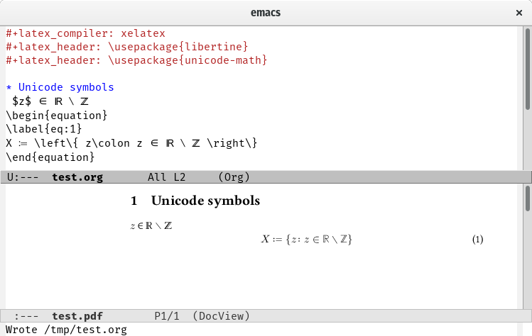 org-mode compiling latex documents with unicode symbols