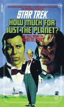 The book cover showing a man in coattails standing on a green landscape with Worf's and Kirk's heads superimposed onto the blue sky