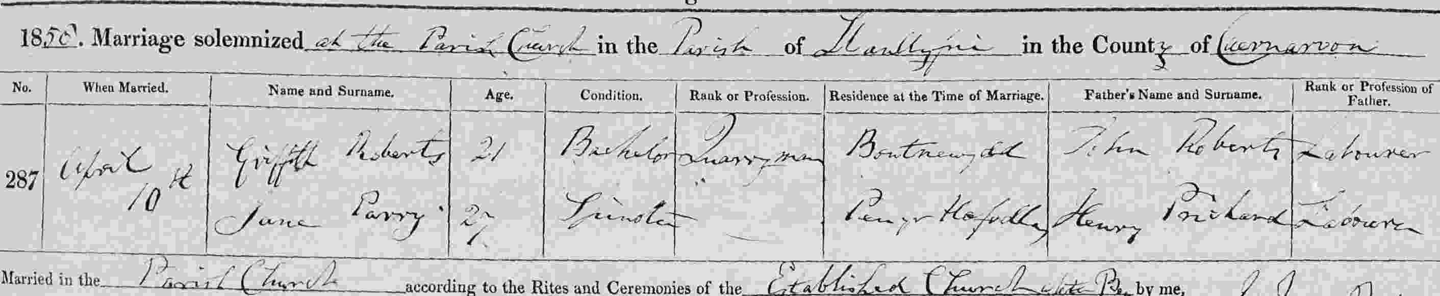 Parish register marriage entry