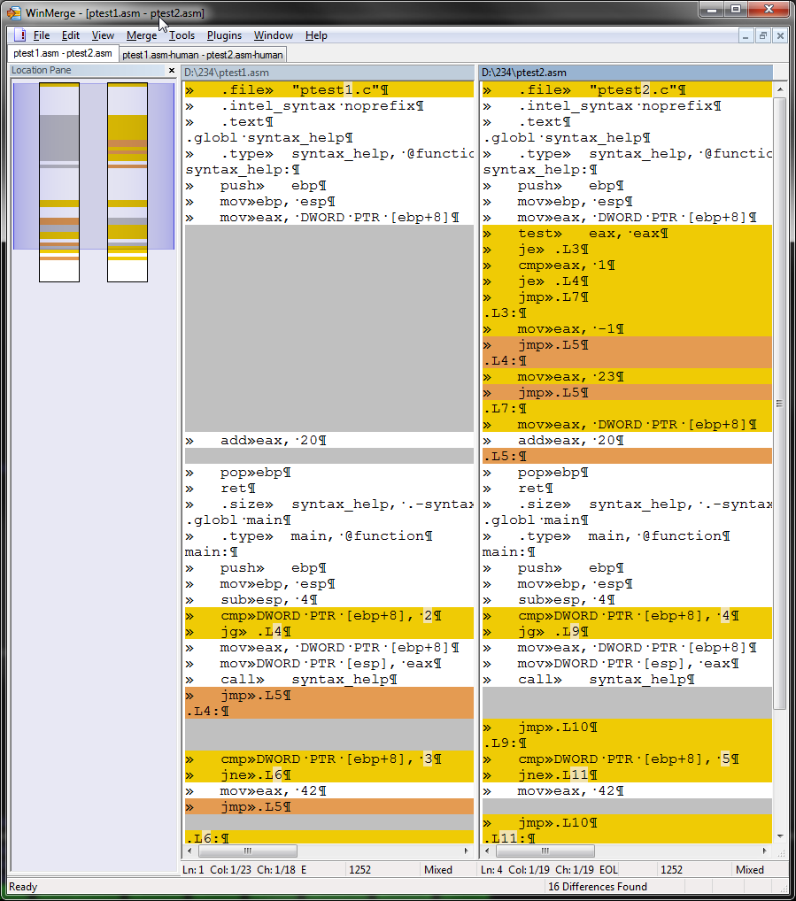 WinMerge diff of ptest1.asm and ptest2.asm