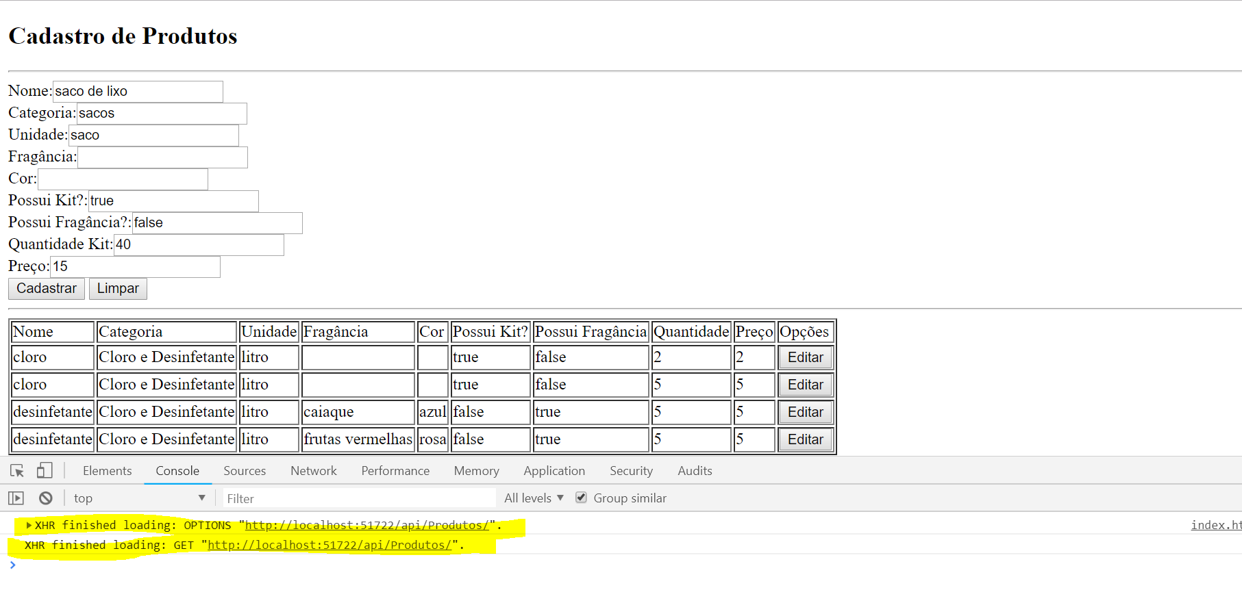 Tela com a interface html / javascript