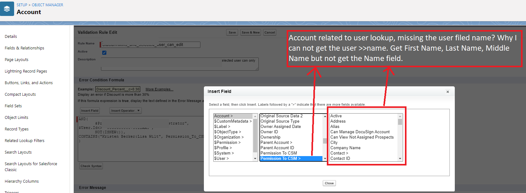 User>>Name filed missing in validation rule