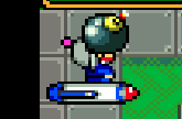 Bomberman in a Bad Bomber Cart holding a bomb.