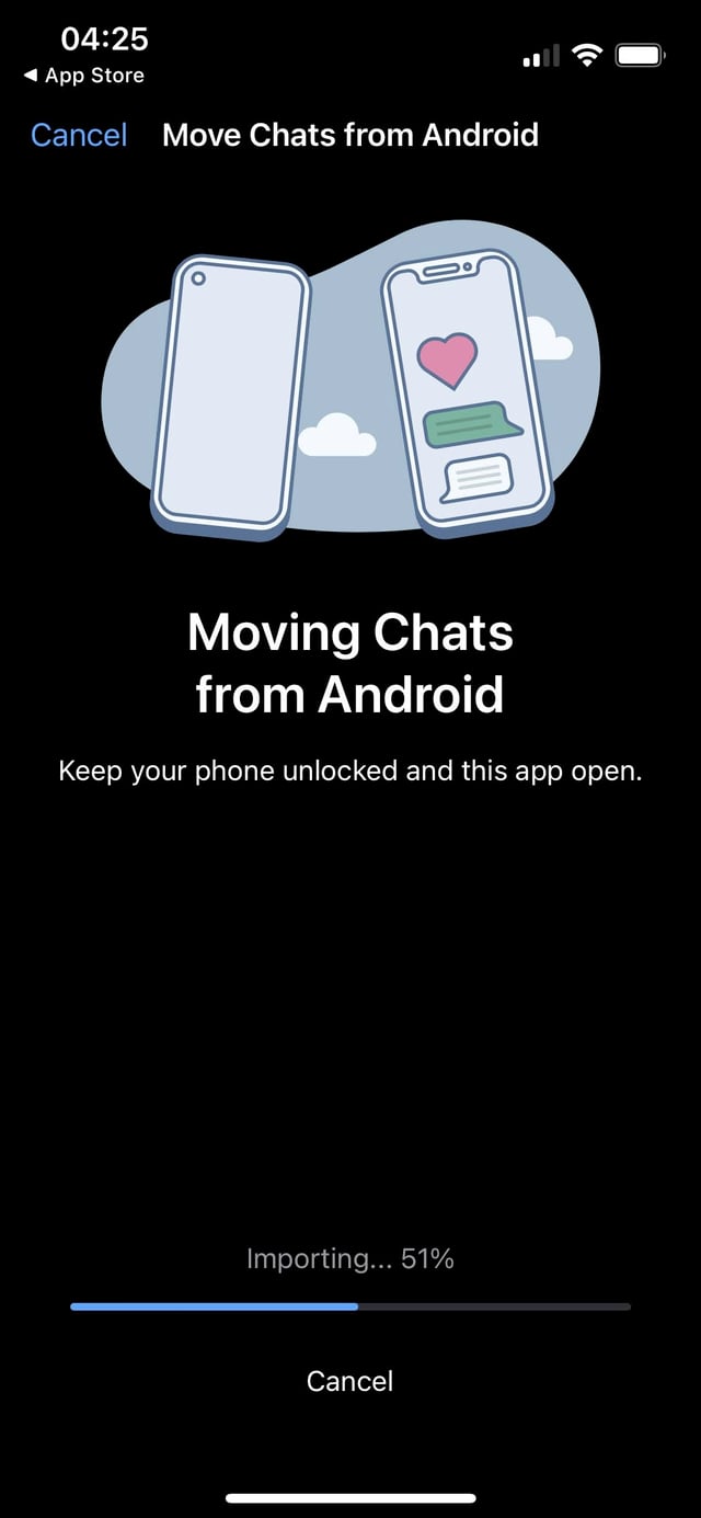 screenshot of iOS application with the text "Moving Chats from Android" and a progress bar for the migration process