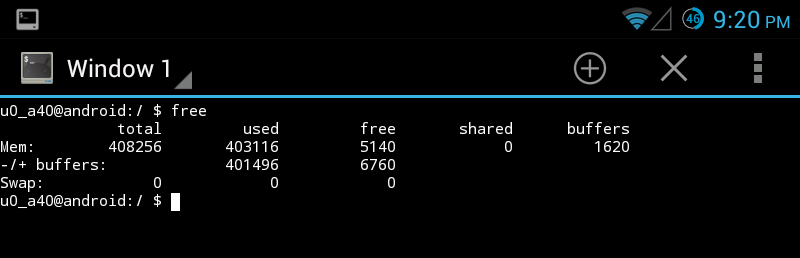 An Android Terminal Emulator running the 'free' command