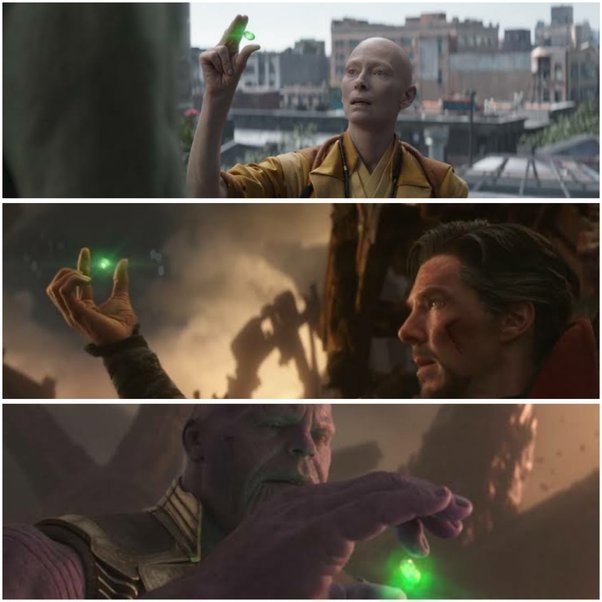 Ancient One, Doctor Strange and Thanos holding Time Stone