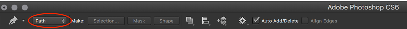 Photoshop CS6 Pen tool Options bar settings screenshot