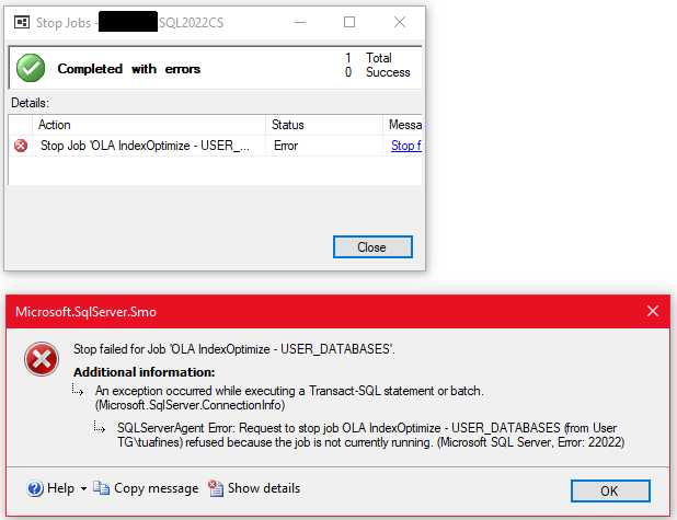 Error message when trying to stop IndexOptimize job
