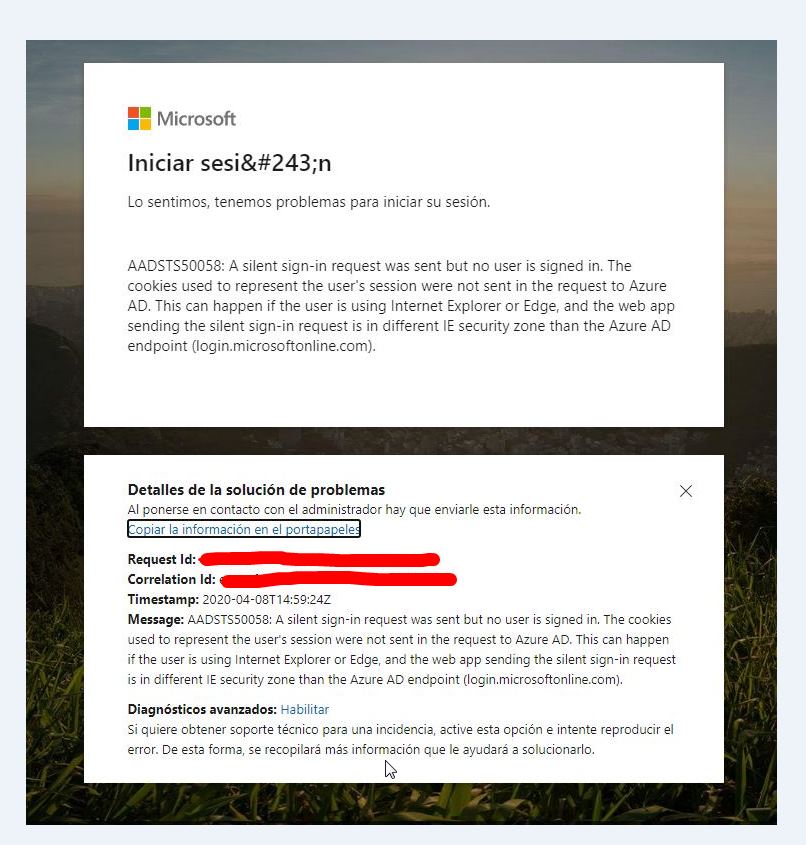 Error de azure al hacer silent sign-in