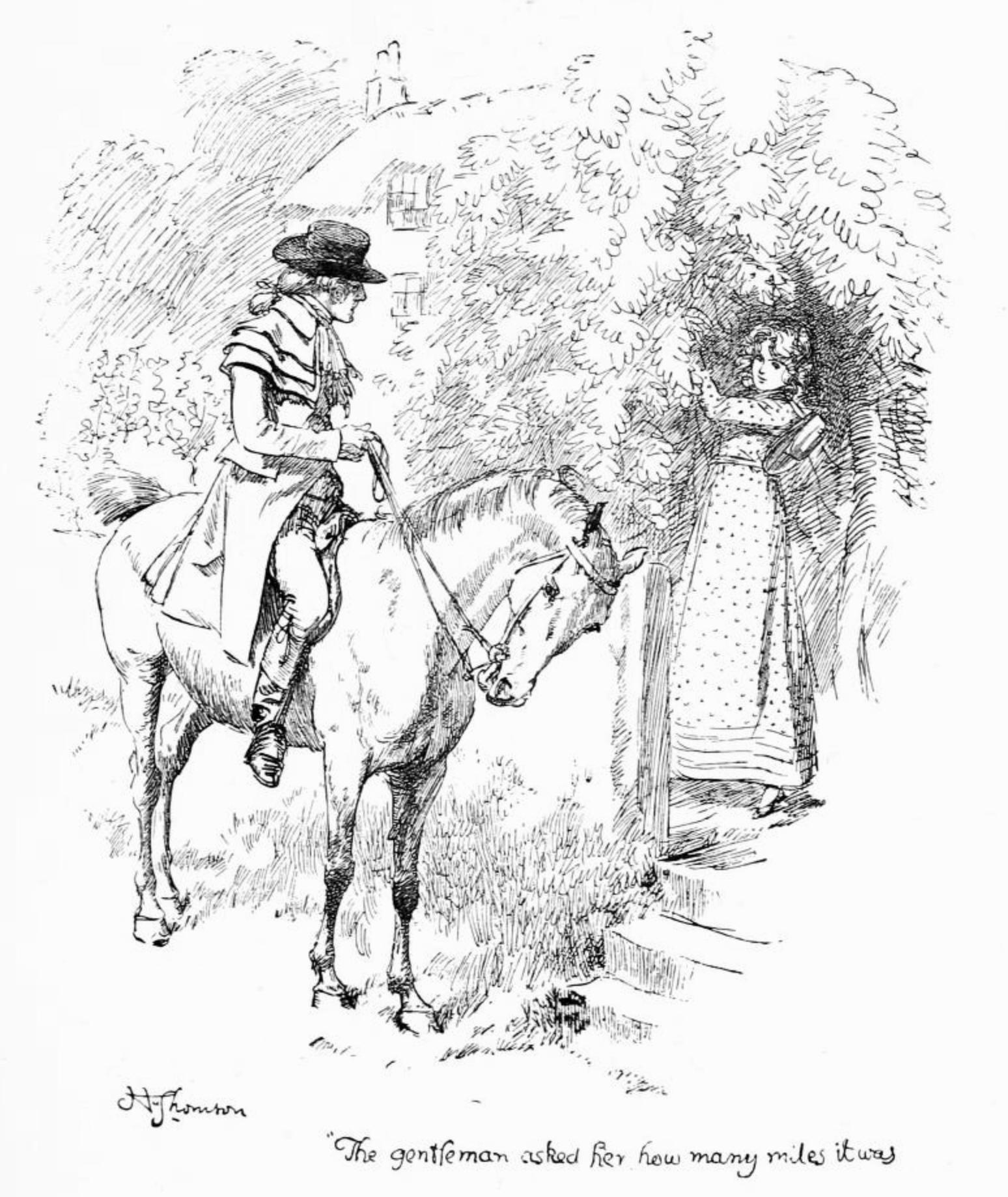 A man on a horse wearing a black hat is talking to a young woman wearing a polka-dot dress standing on some steps under a tree. In the background a cottage is half-screened by trees. A caption reads, "The gentleman asked her how many miles it was".