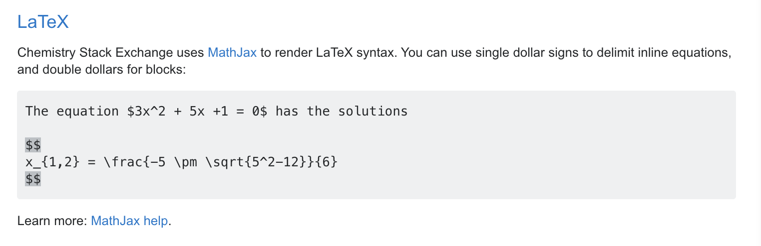 Screenshot of editing help page section about LaTeX