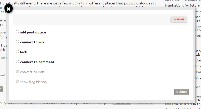 mod actions for answers: add post notice, convert to wiki, lock, convert to comment, convert to edit, show flag history
