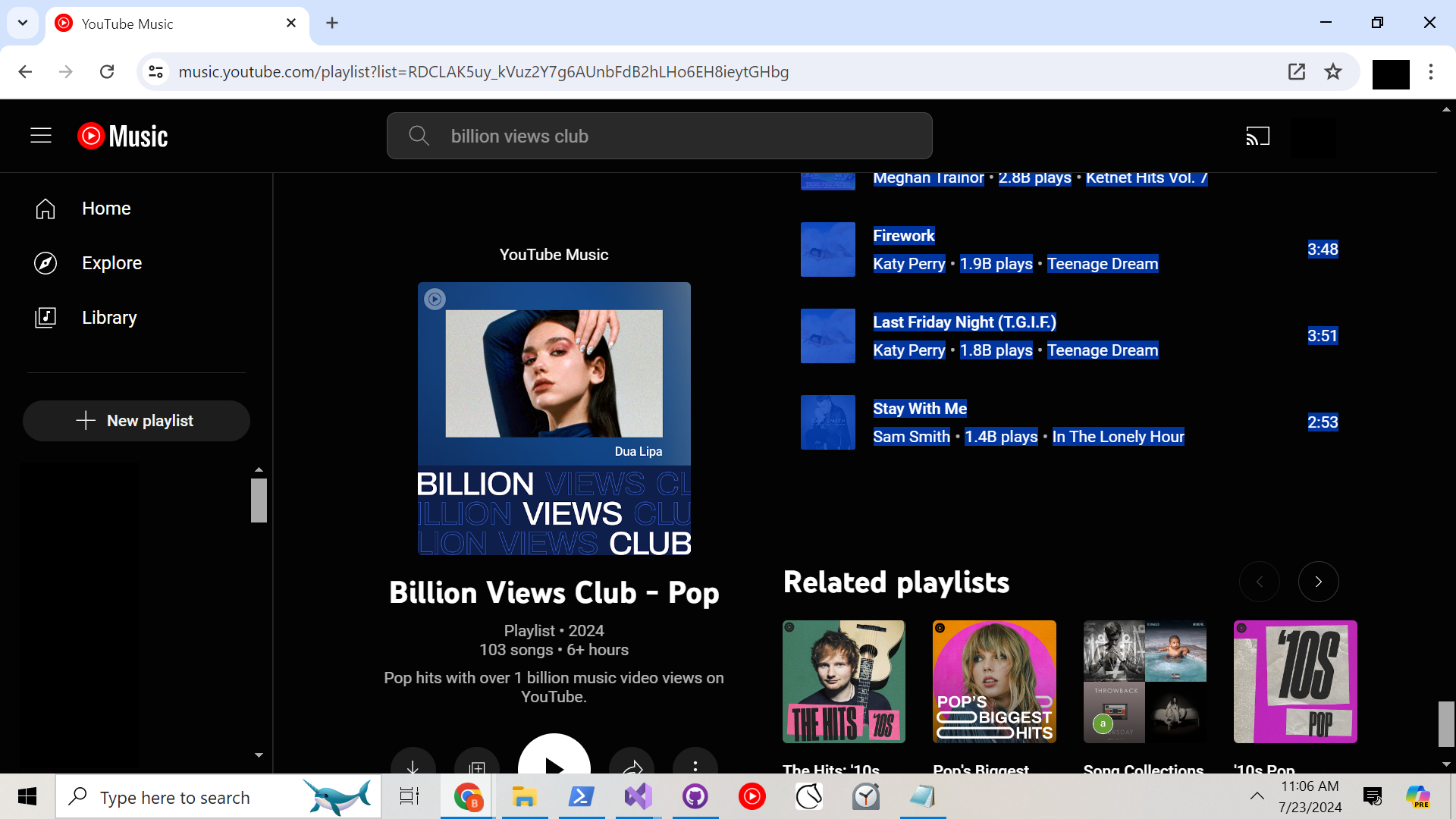 A partially redacted screenshot of highlighting the text of the "Billion Views Club -- Pop" YouTube playlist on YouTube music.