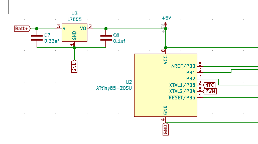 Portion of schematic regarding the Attiny85 and 7805