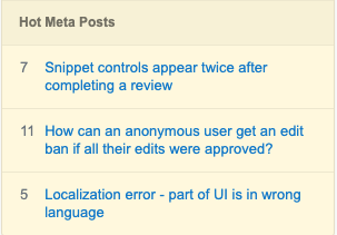 Screencap of Stack Overflow's side bar showing hot meta posts