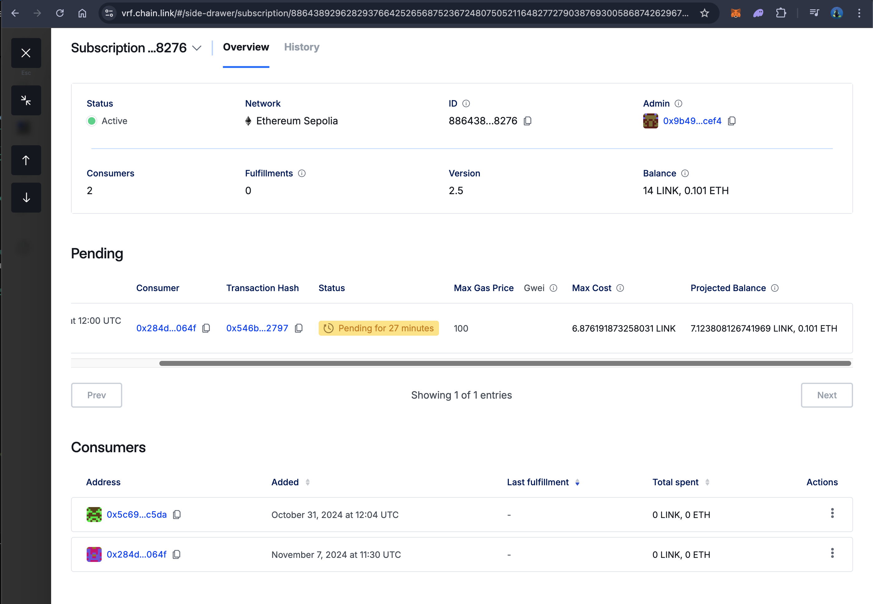 Chainlink VRF Subscription Details