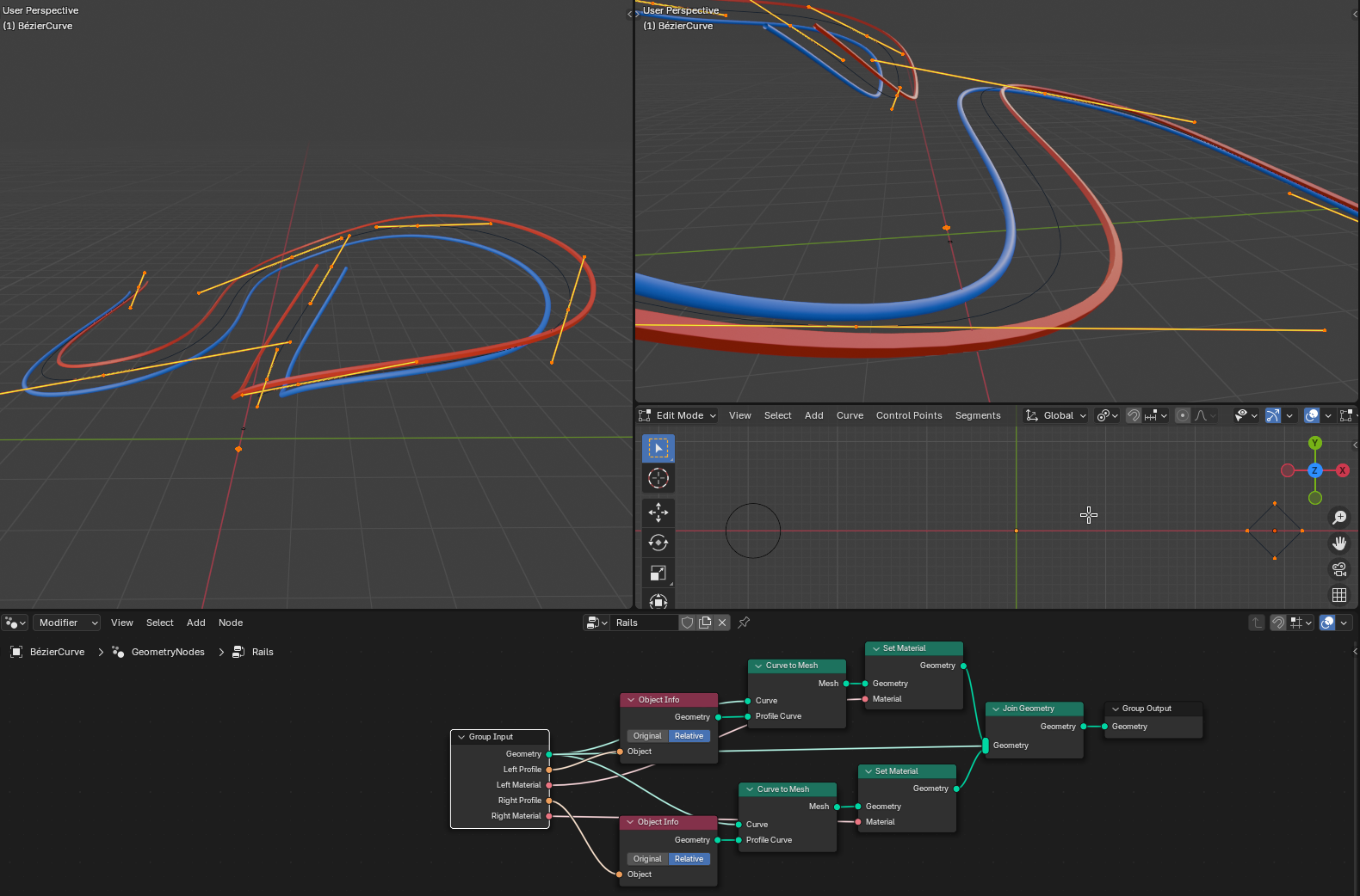 Geometry node using two Curve to Mesh nodes with separate profiles and materials