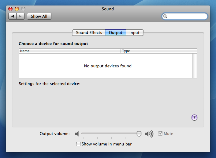 My MacBook Pro is claiming it has no sound output devices available, neither the line-in nor built-in speakers.