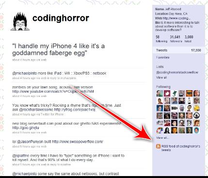 Twitter page with RSS feed link highlighted