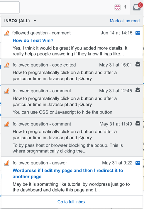 Example screenshot of the improved inbox, showing the changes described in the rest of the post. There's an "Inbox (All)" dropdown in the top-left of the inbox, and a "Mark all as read" button in the top-right. Unread notifications have a bolded blue post title and black regular text against a white background, and display a blue icon of a closed envelope on the right side. Read notifications have dark gray text on a light gray background, and display a dark gray icon of a closed envelope on the right side.