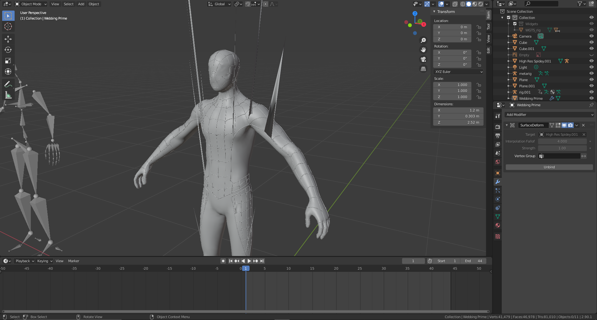 Webbing with spikes and the surface deform modifier applied with the target mesh as the main body