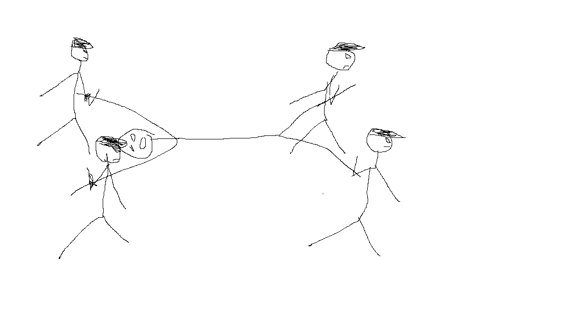 Stick figure image of a person being carried by four people, one for each limb